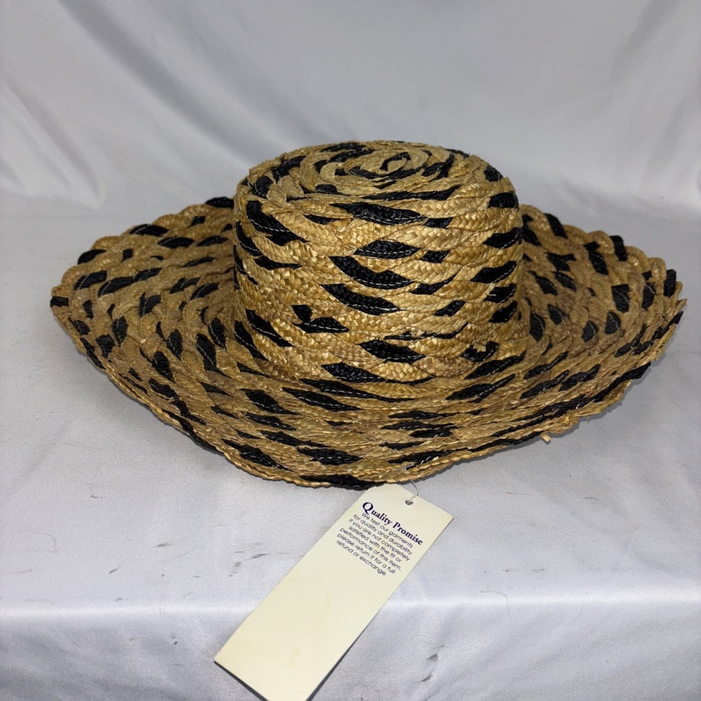 NWT Woven Straw Hat Wide Brim Black Animal Print Beach Casual Sun Hat NEW - Picture 3 of 11